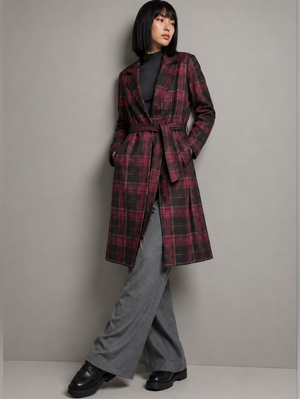 TORRID BURGANDY BLACK PLAID LONGLINE DOUBLE-KNIT BELTED TRENCH COAT 0 / SIZE 12